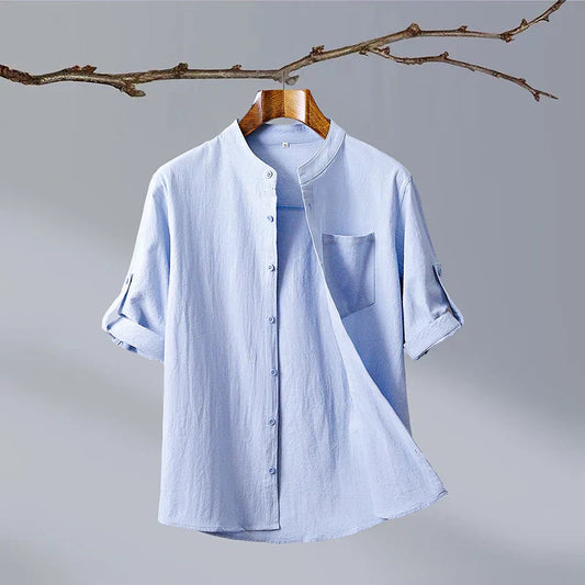 Relaxed Mandarin Collar Shirt with Curved Hem Detail