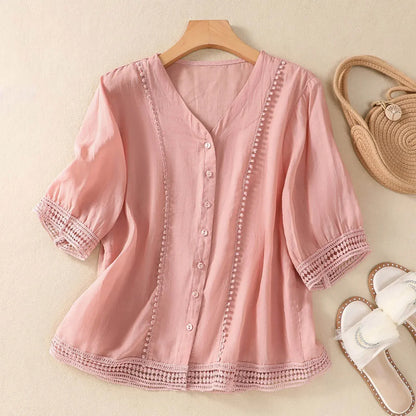 Marabel Relaxed Button-Up Blouse with Lace Trim Details