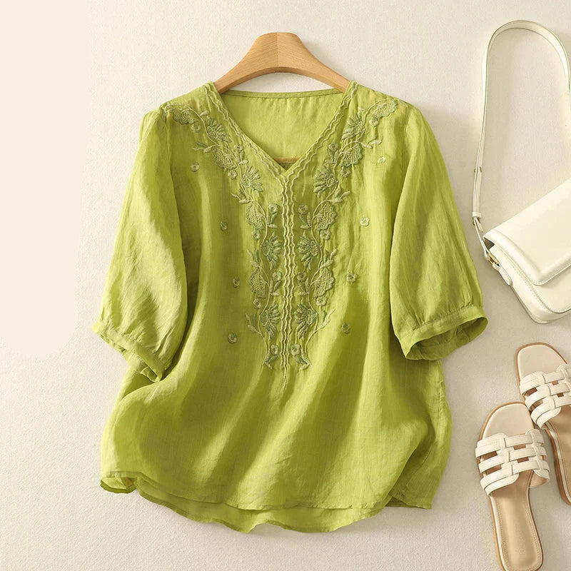 Relaxed Embroidered V-Neck Blouse with Artisan Detailing