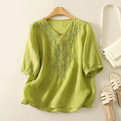 Relaxed Embroidered V-Neck Blouse with Artisan Detailing
