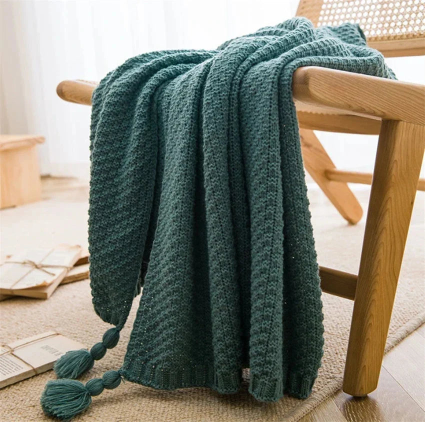 Scandinavian Bamboo Knit Throw Blanket With Tasseled Edges