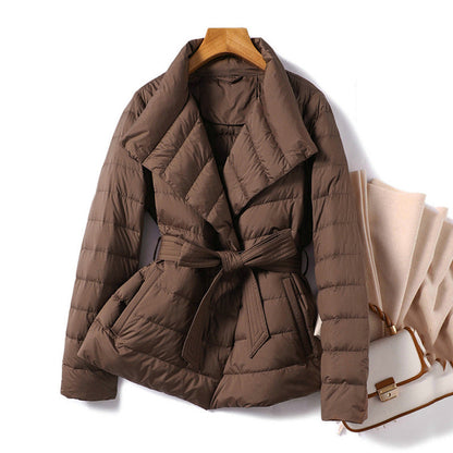 Isabella Quilted Wrap Silhouette Puffer Jacket | Belted Shawl Collar Jacket