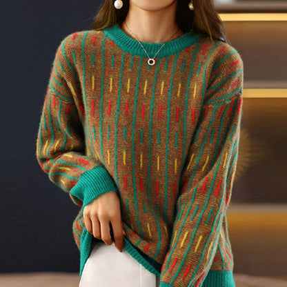Florence Geometric Crewneck Pullover Sweater | Relaxed Fit Hip-Length Sweater