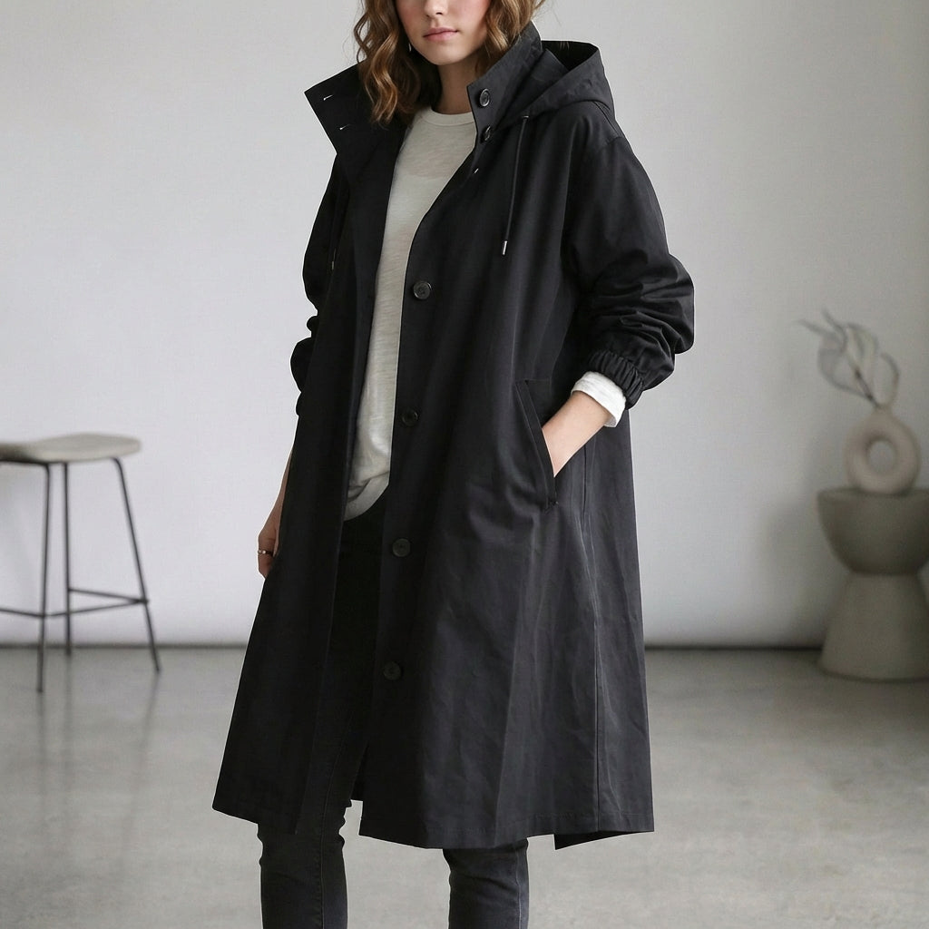 Arline Relaxed Waterproof Trench Coat with Hooded High Collar and Ruched Cuffs