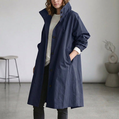 Arline Relaxed Waterproof Trench Coat with Hooded High Collar and Ruched Cuffs