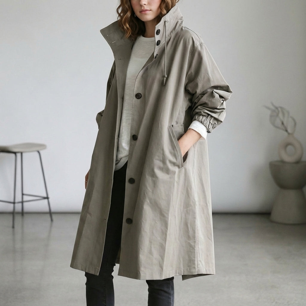 Arline Relaxed Waterproof Trench Coat with Hooded High Collar and Ruched Cuffs