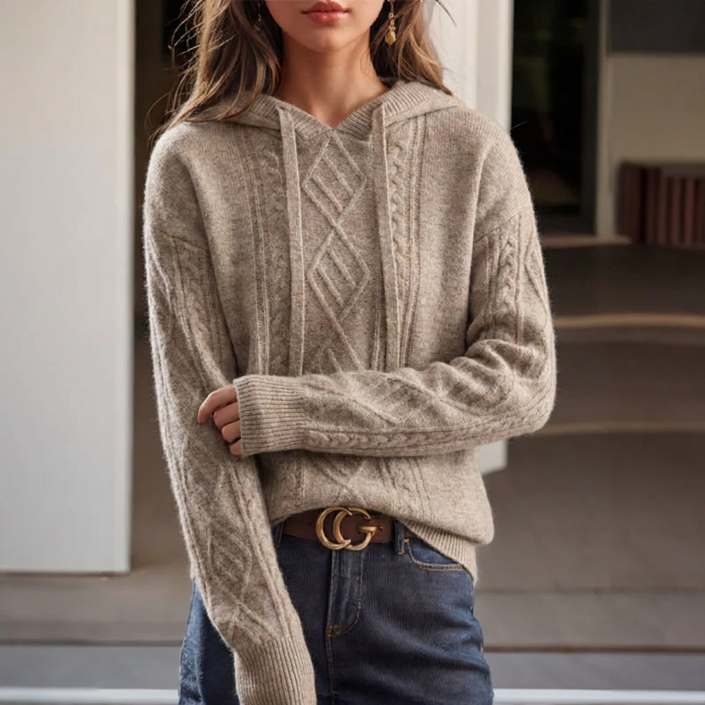 Isabella Cable Knit Hooded Sweater | Relaxed Fit Drawstring Sweater