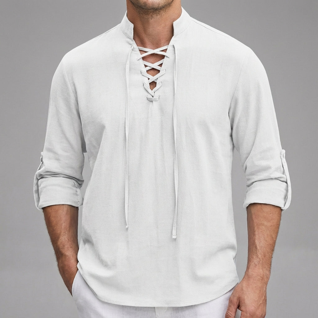 Relaxed-Fit Lace-Up Henley with Stand Collar and Roll-Tab Sleeves