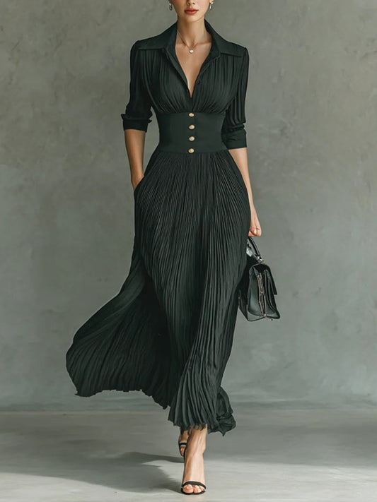 Erica Chiffon Pleated Maxi Shirt Dress with Corset Waist
