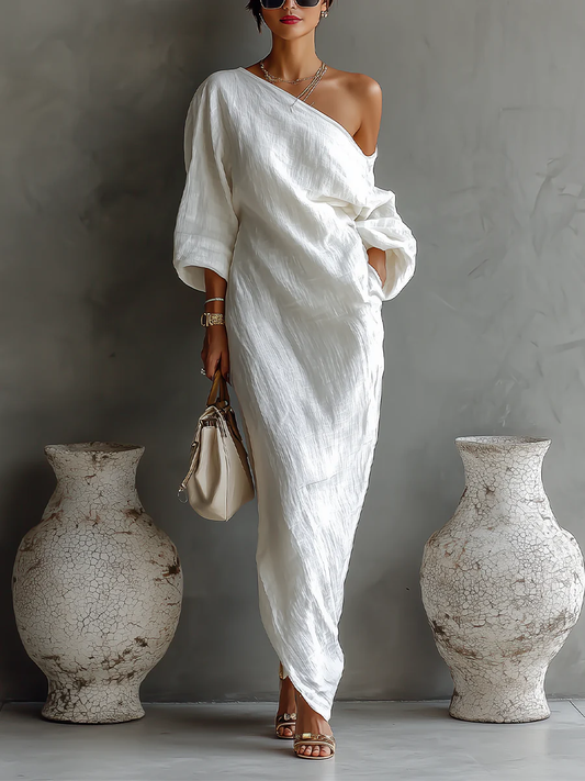 Draped One-Shoulder Maxi Dress with Voluminous Sleeve