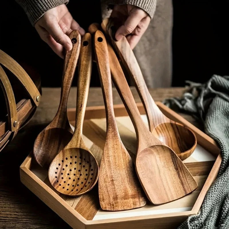 Rustic Wooden Utensil Set With Hanging Holes