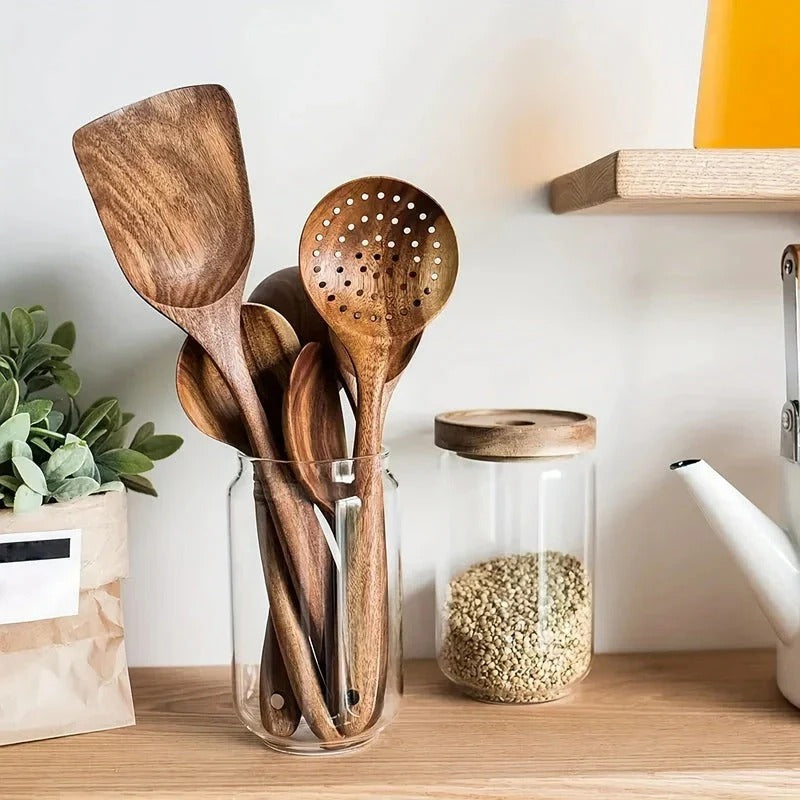 Rustic Wooden Utensil Set With Hanging Holes