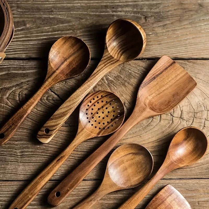 Rustic Wooden Utensil Set With Hanging Holes