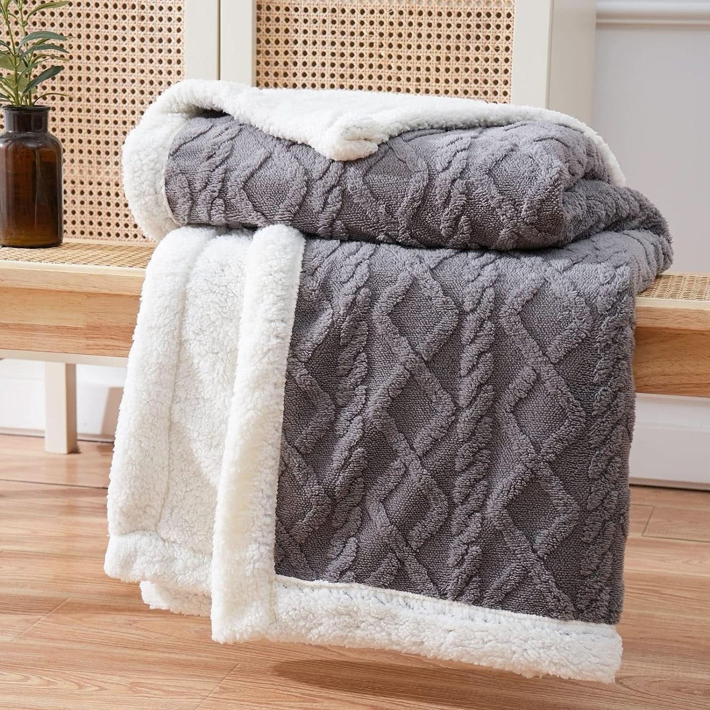 Cozy Faux Fur Throw Blanket With Cable Knit Design