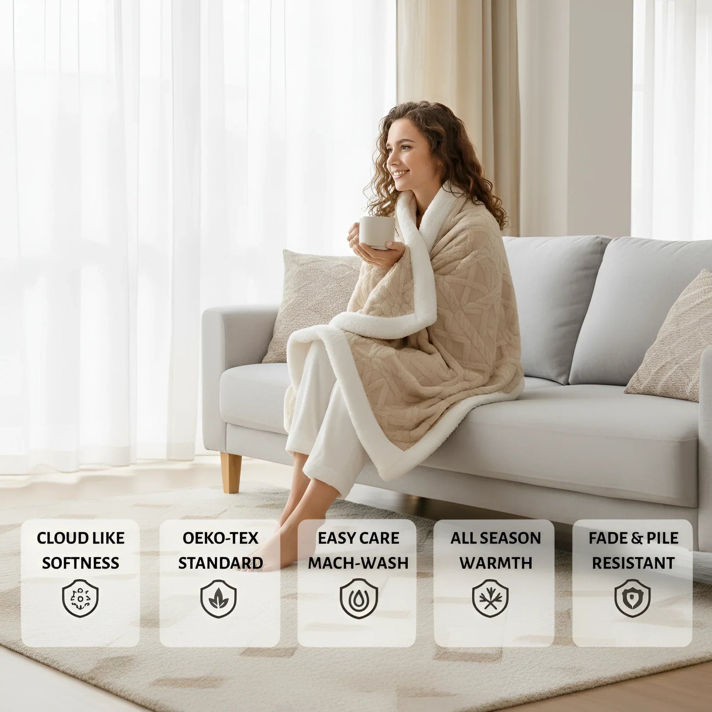 Contemporary Sherpa Throw Blanket with Diamond Texture